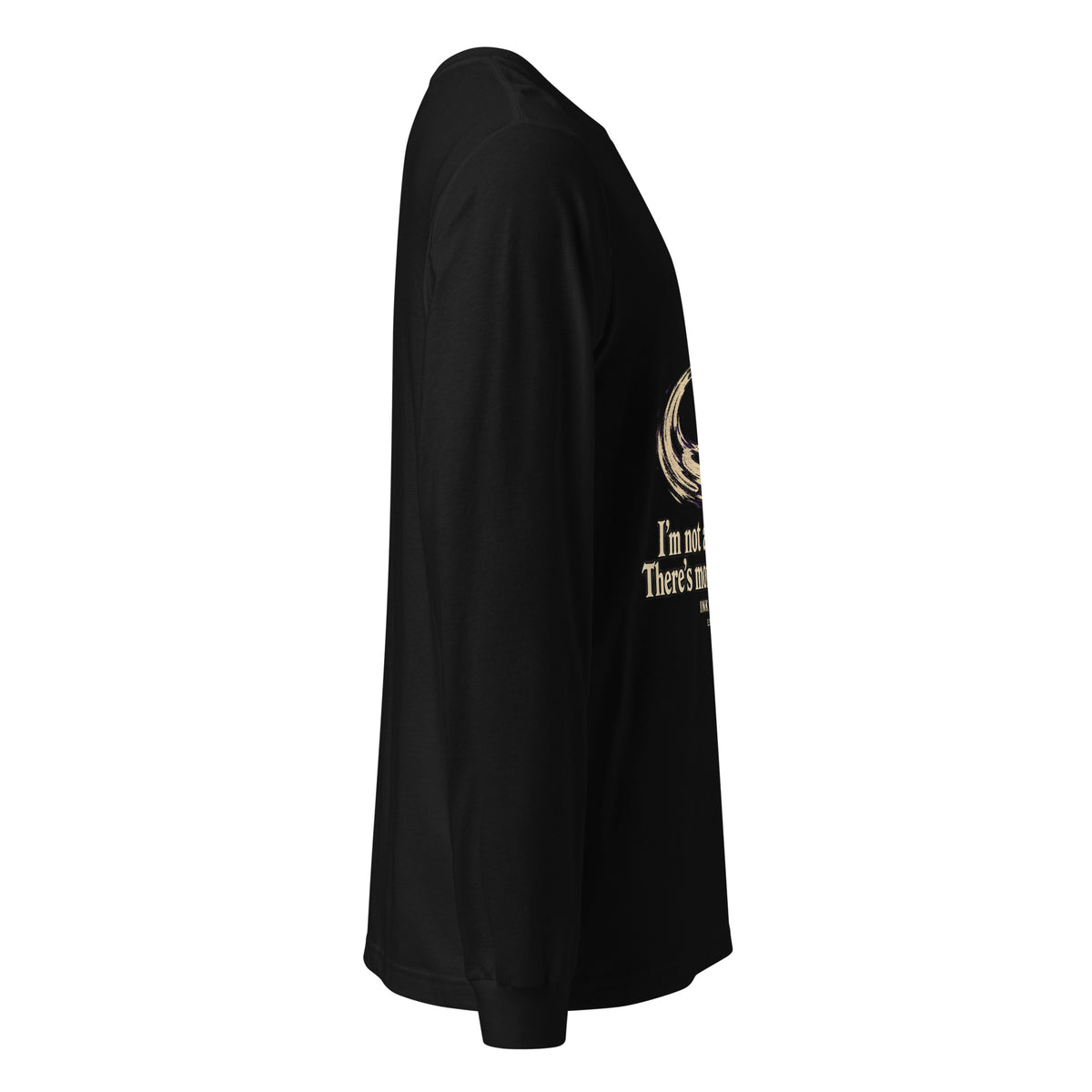 Black unisex long sleeve crewneck tee, side view with graphic near hem