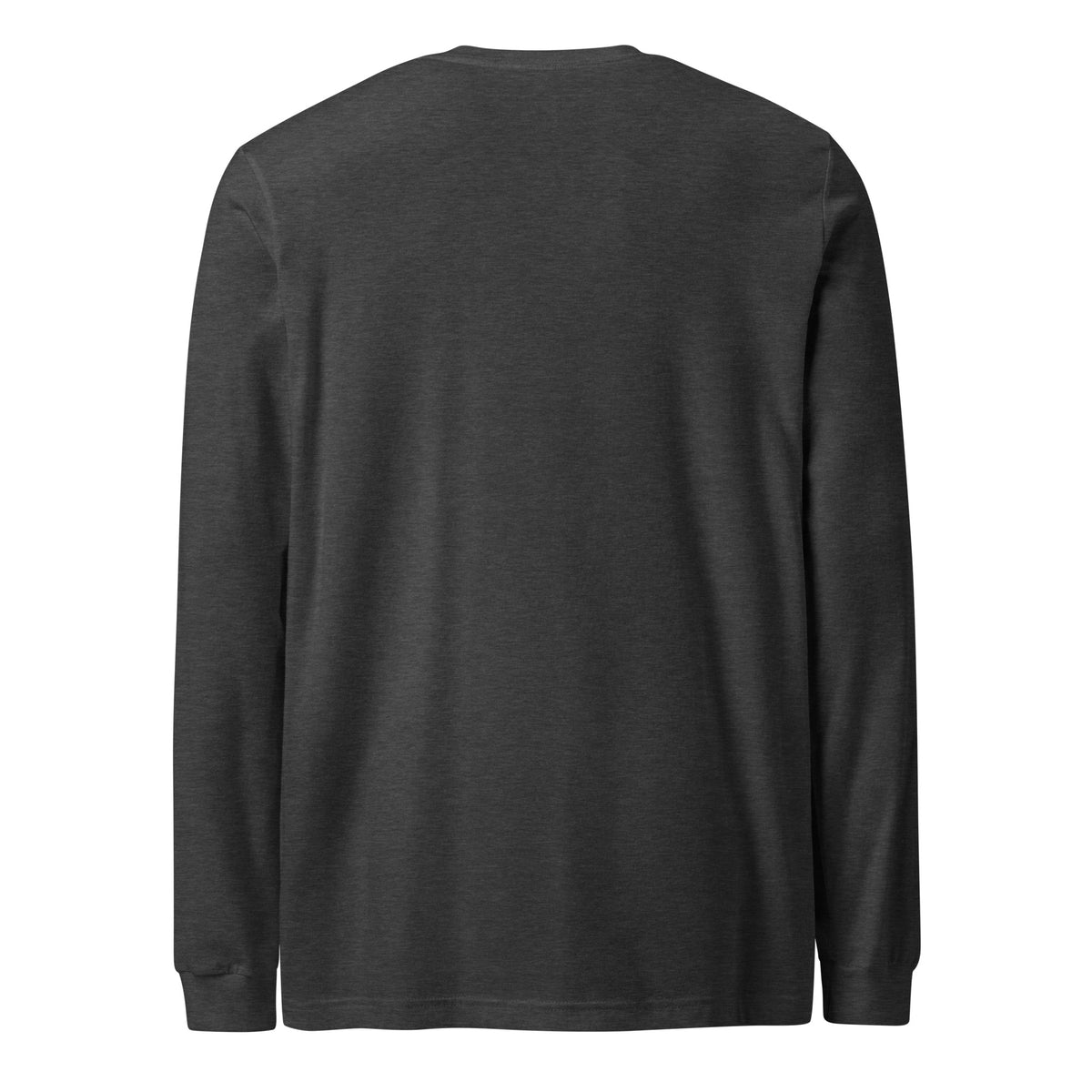 Unisex dark grey heather long-sleeve crewneck graphic tee, plain back