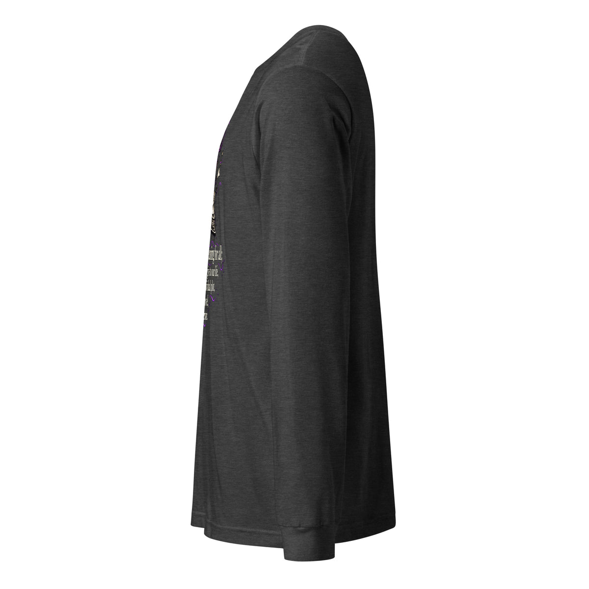 Unisex dark grey heather long-sleeve crewneck graphic tee, side view with partial front artwork