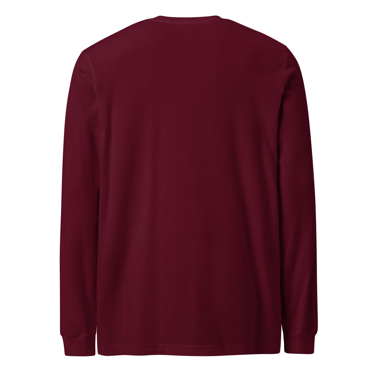 Unisex maroon long-sleeve tee with plain back and ribbed crew neck cuffs