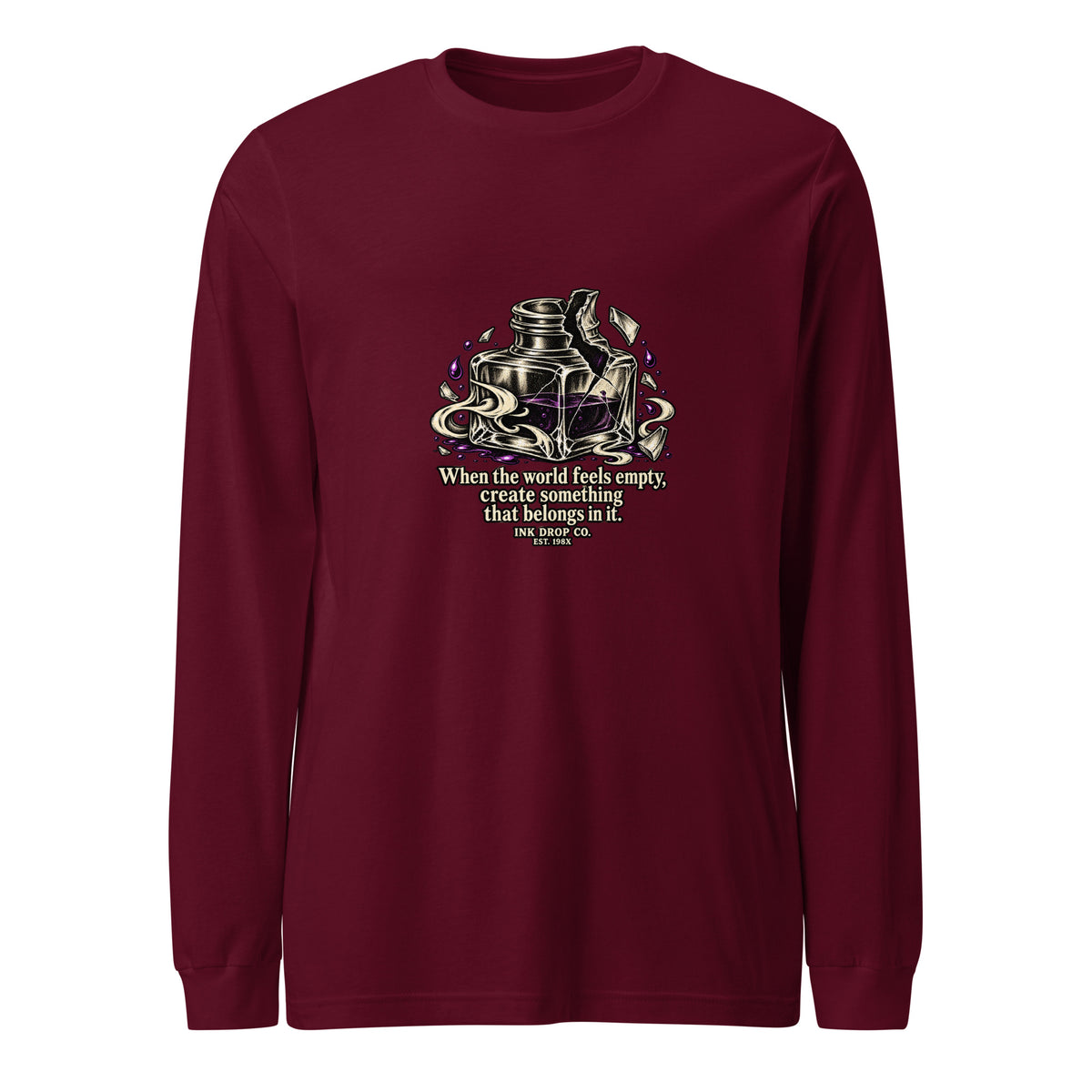 Unisex long-sleeve graphic tee in maroon, crew neck, front robot graphic logo print