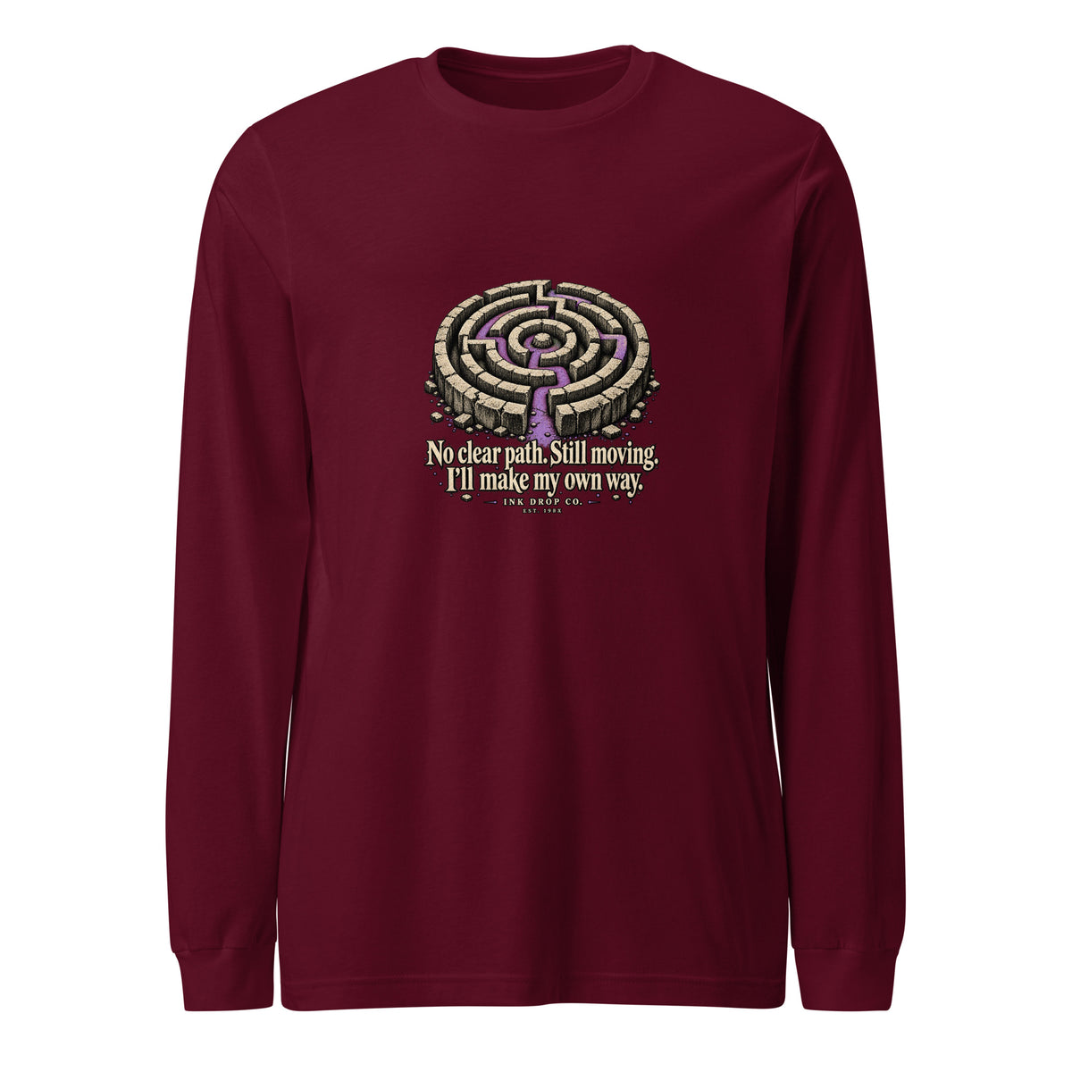 Unisex maroon long-sleeve graphic tee with maze emblem and slogan on chest