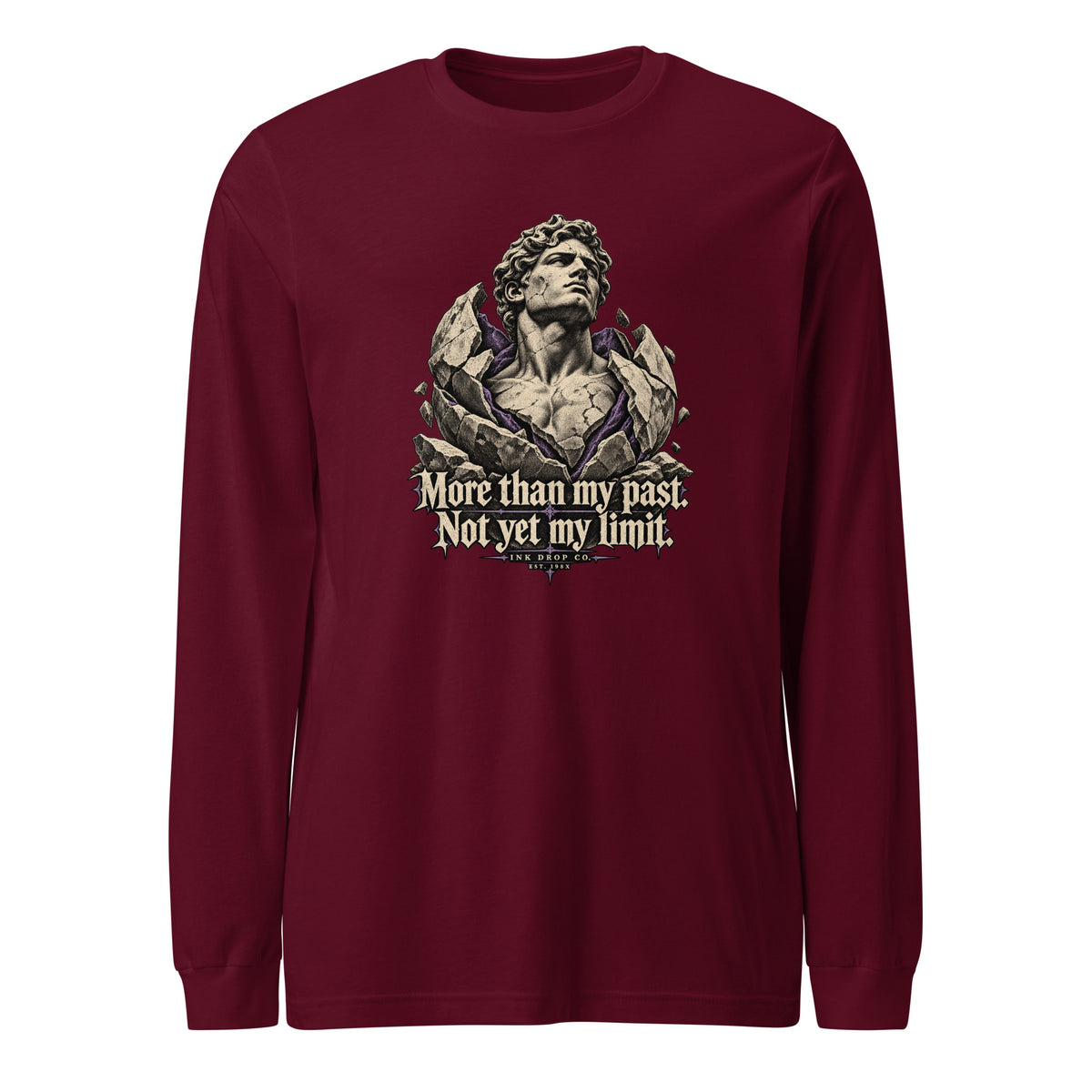 Maroon unisex long sleeve graphic tee with front angel-like figure and quote