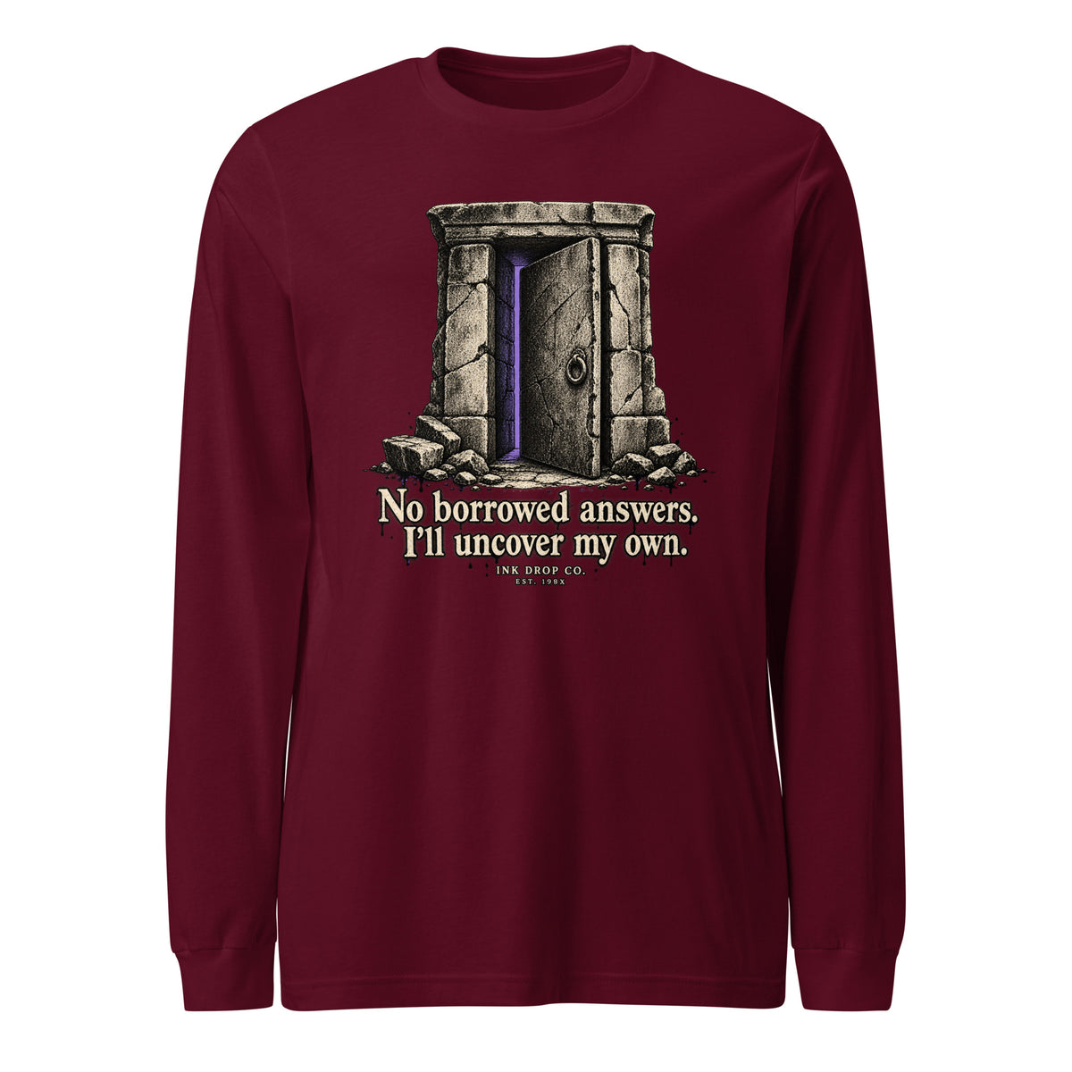 Maroon unisex long-sleeve tee with door graphic and quote print on chest