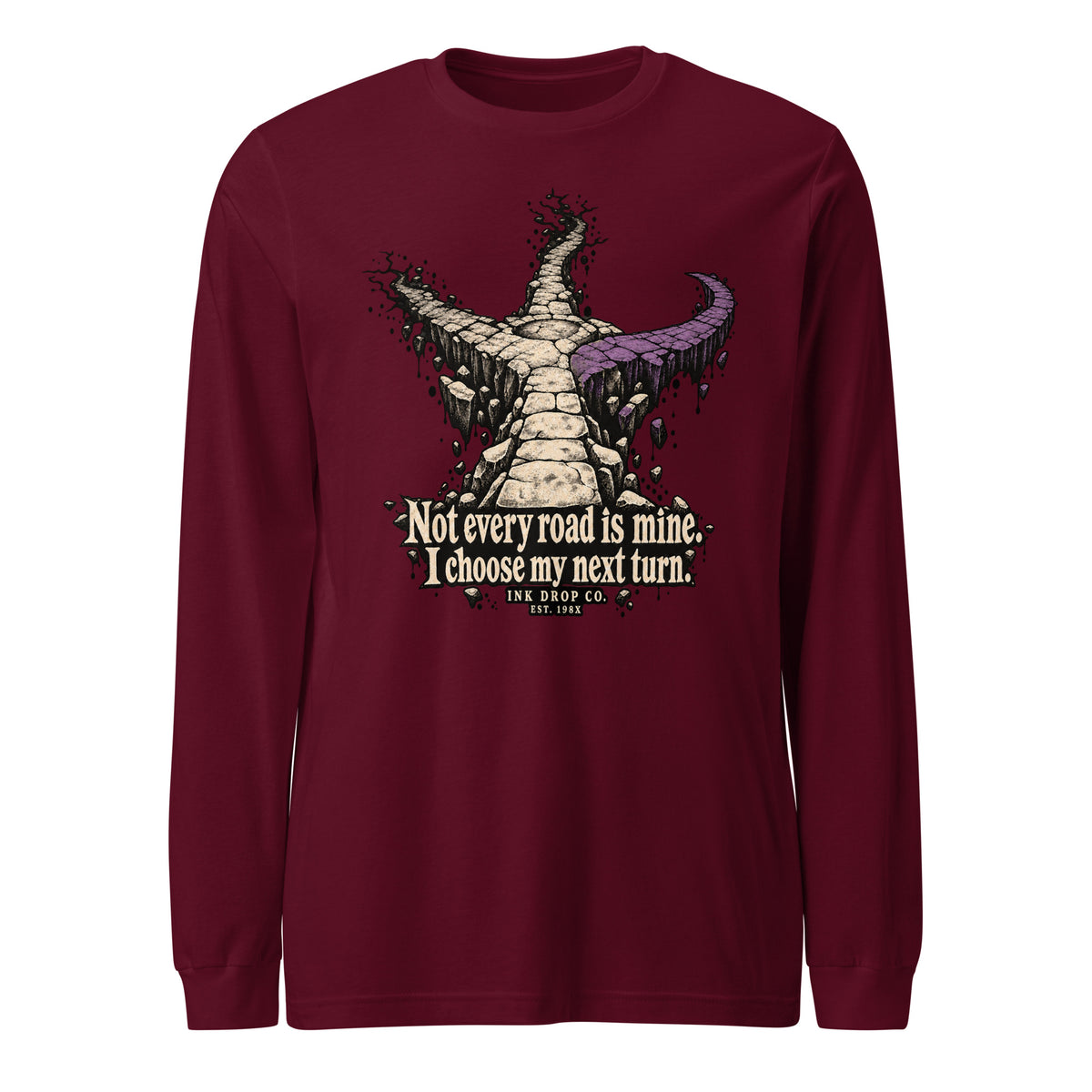 Unisex maroon long-sleeve graphic tee with angel skull quote print