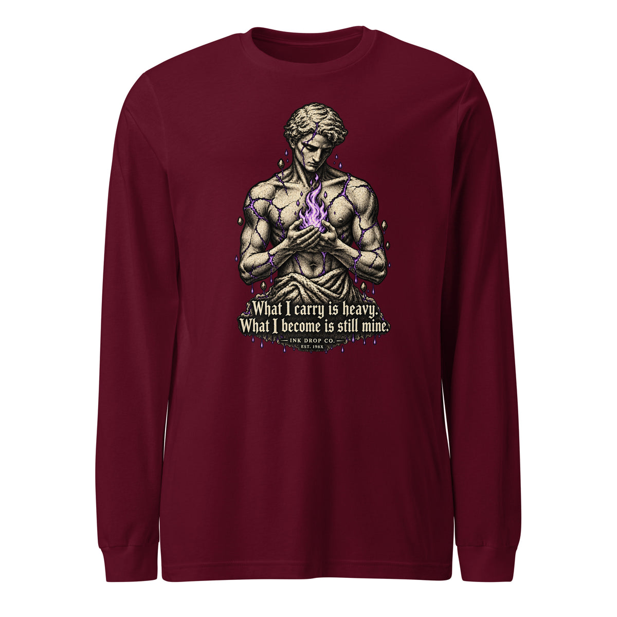 Unisex maroon long-sleeve graphic tee with muscular portrait and quote on front.