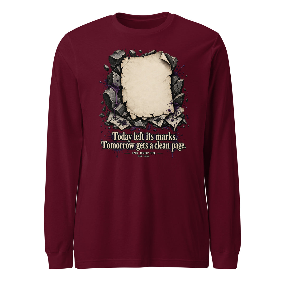 Unisex maroon long sleeve graphic tee with large distressed square chest print