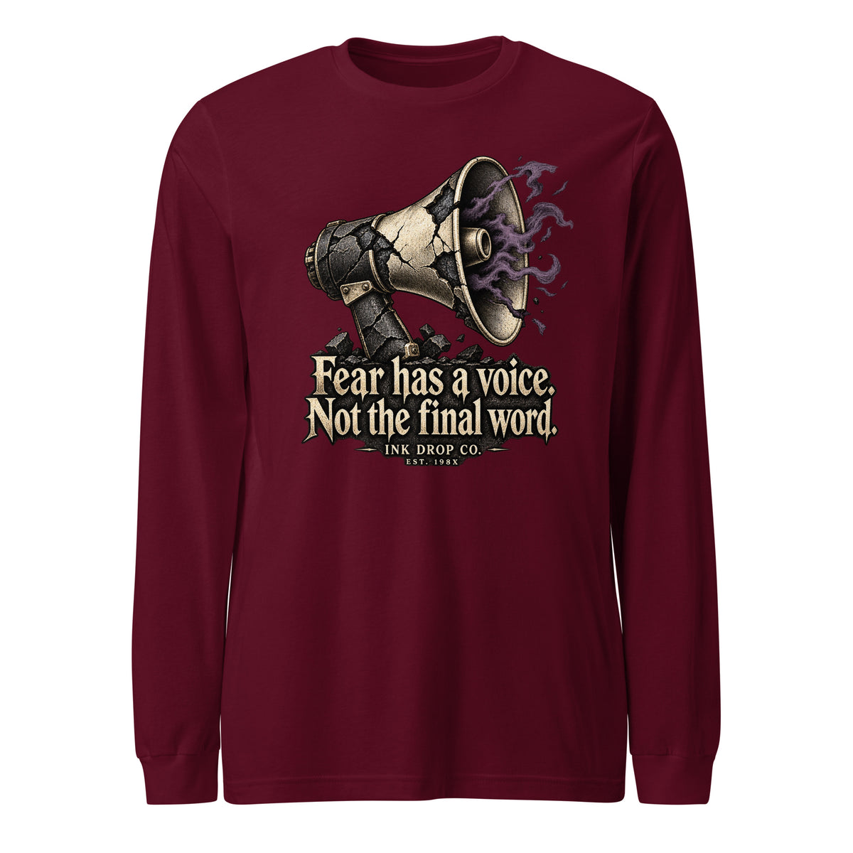 Maroon unisex long-sleeve crewneck tee with megaphone graphic and Fear has a voice text
