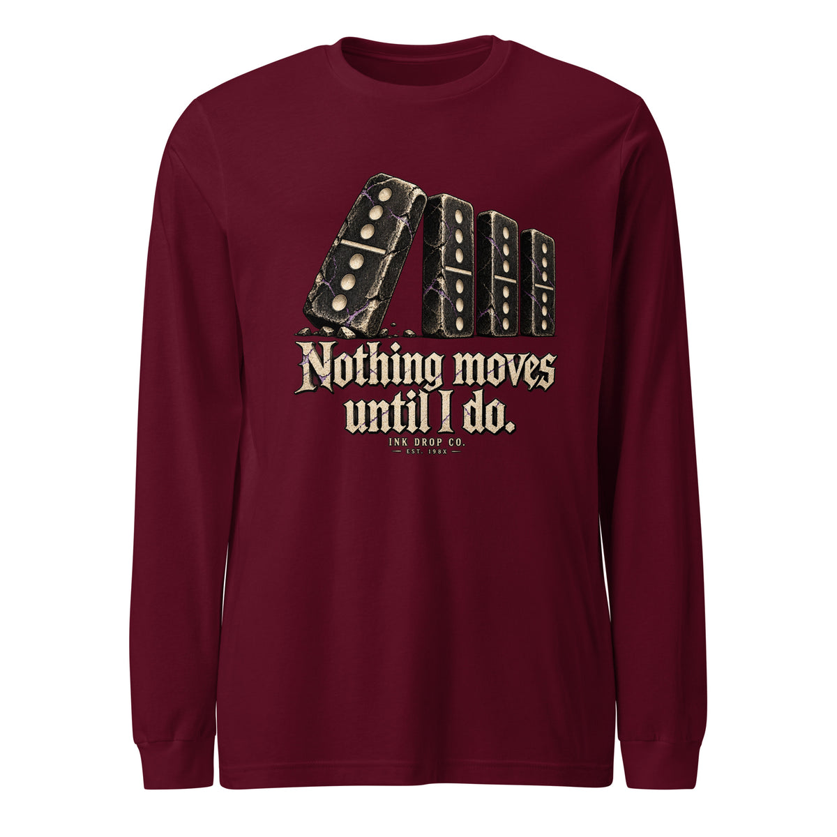 Maroon unisex long-sleeve tee with gold domino graphic and slogan print