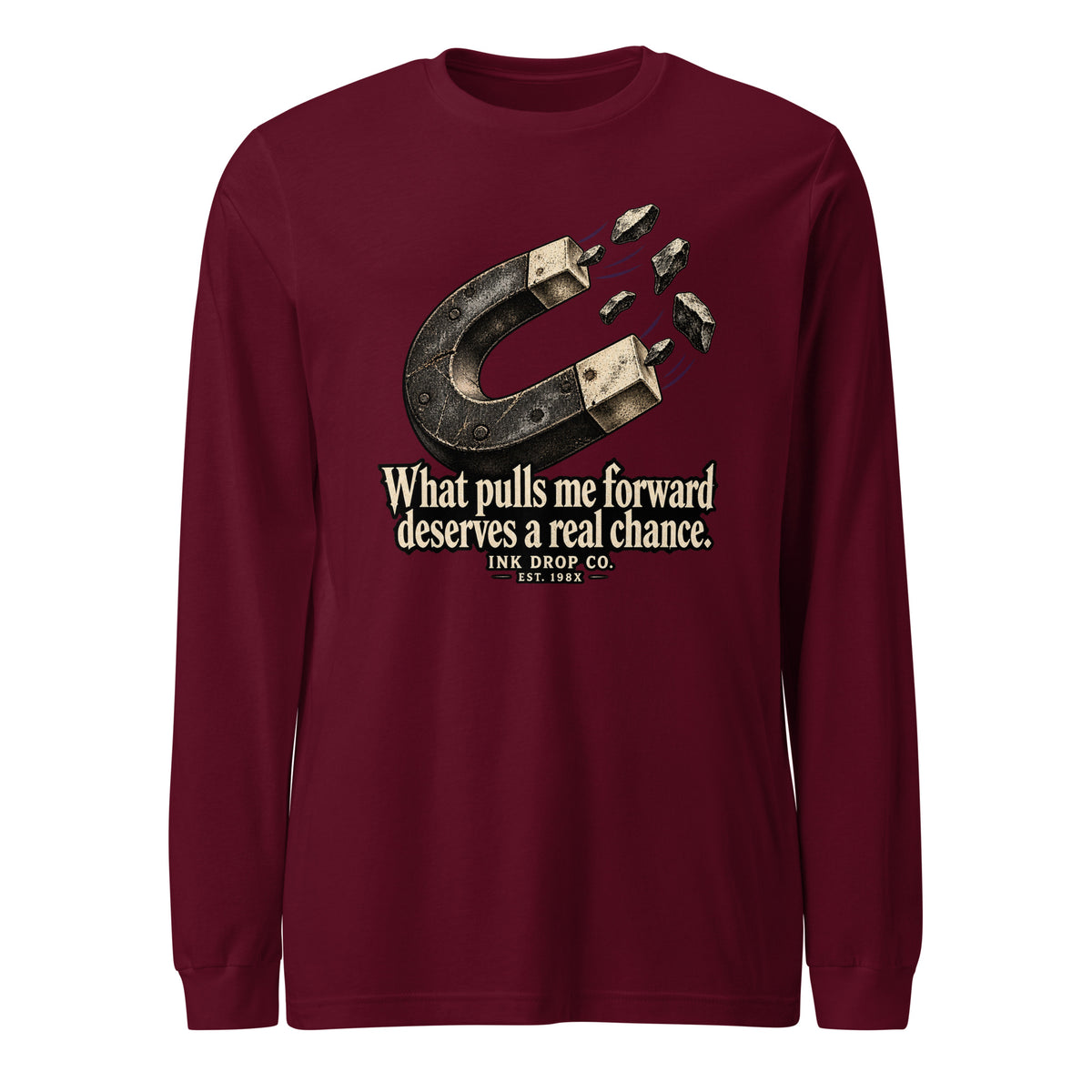 Unisex maroon long sleeve tee with front horseshoe-style graphic and text print