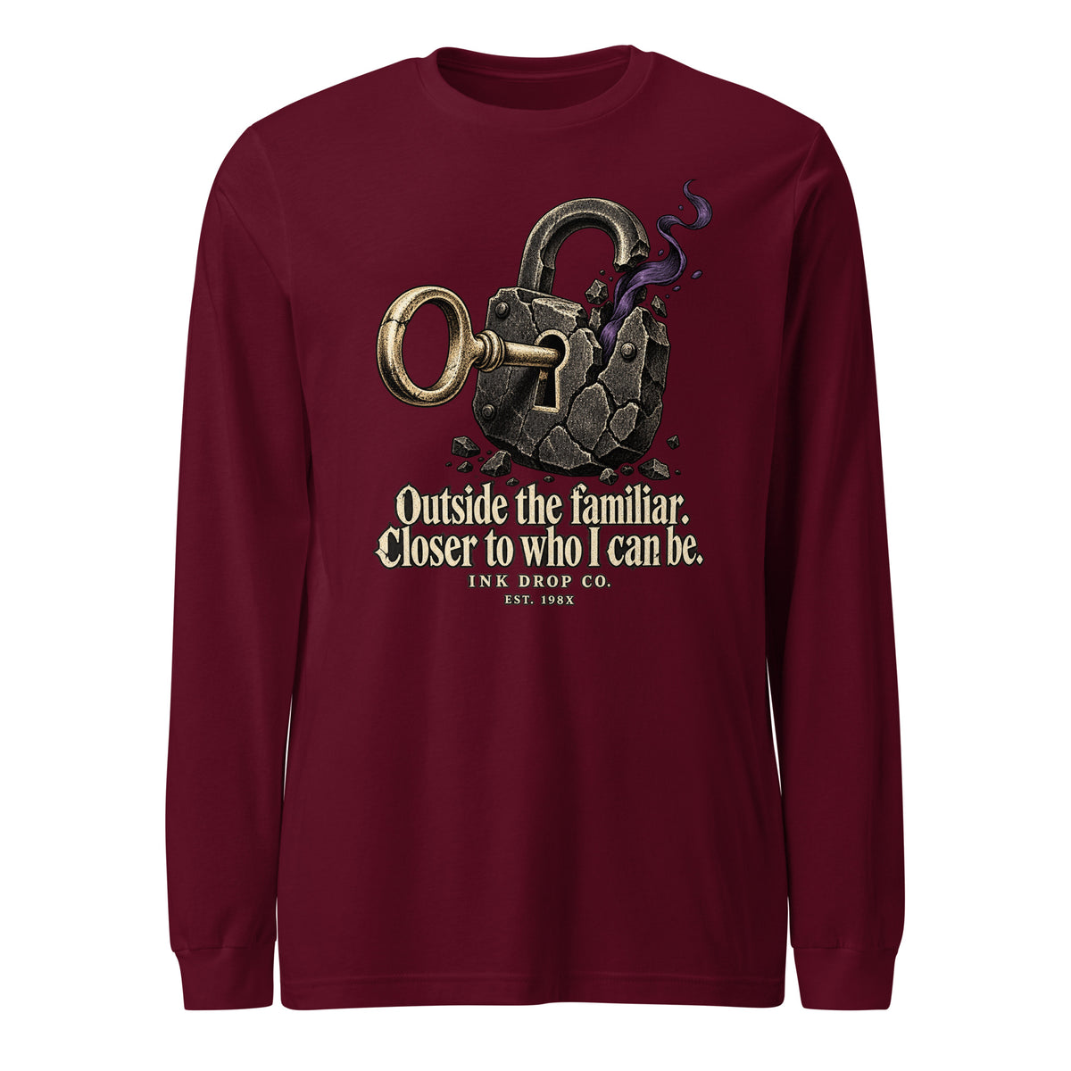 Unisex maroon long-sleeve graphic tee with lock-and-keys artwork and flame accents