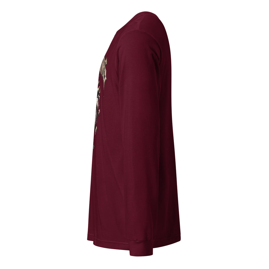 Maroon unisex long-sleeve graphic tee side view