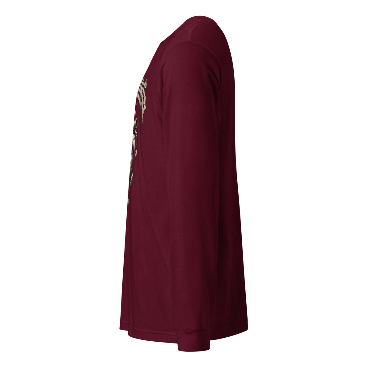 Maroon unisex long-sleeve graphic tee side view