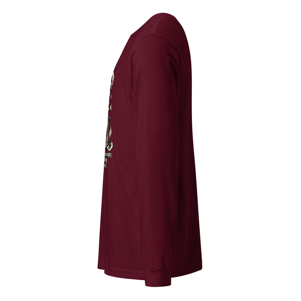Women’s long-sleeve graphic tee, maroon with chest artwork and crew neck
