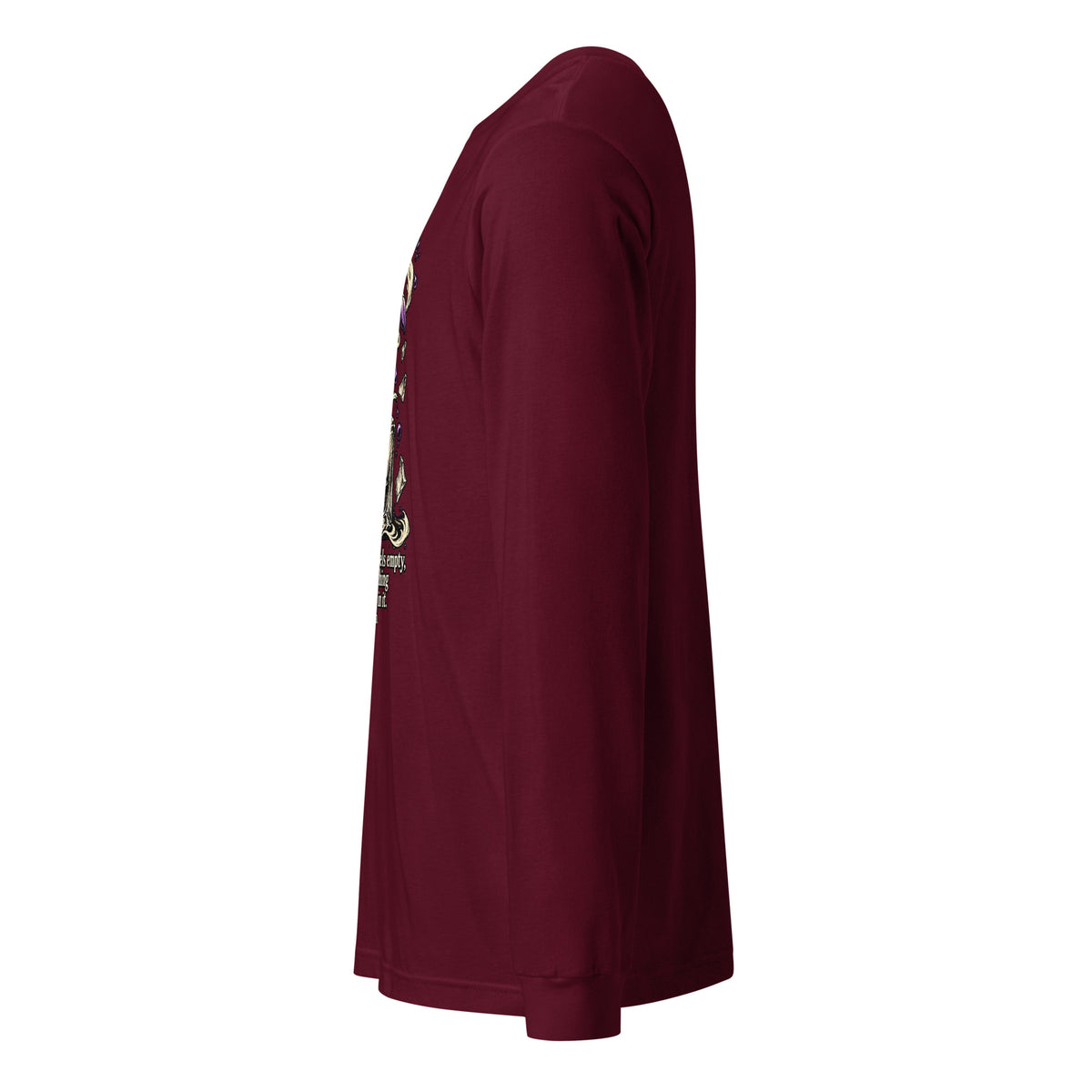 Women’s long-sleeve graphic tee, maroon with chest artwork and crew neck