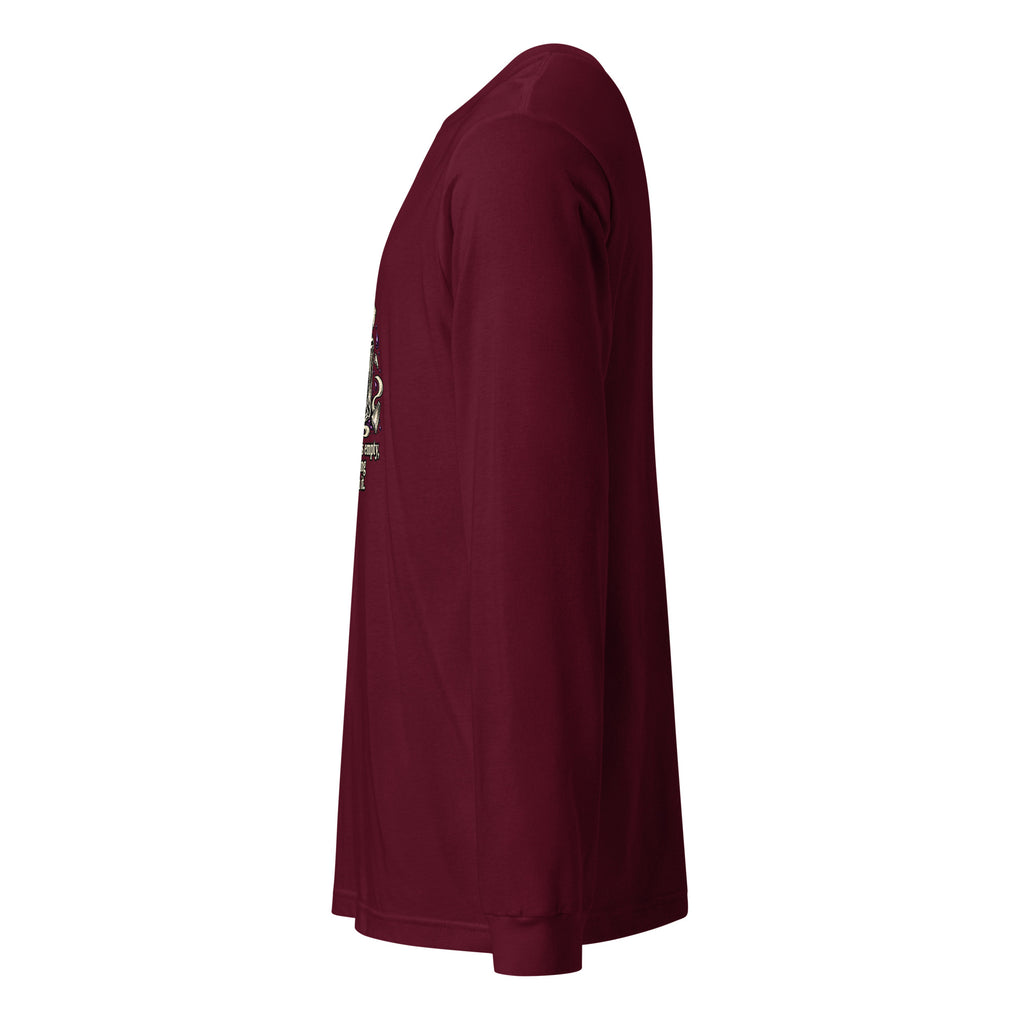 Maroon unisex long-sleeve tee with front graphic print, crew neckline
