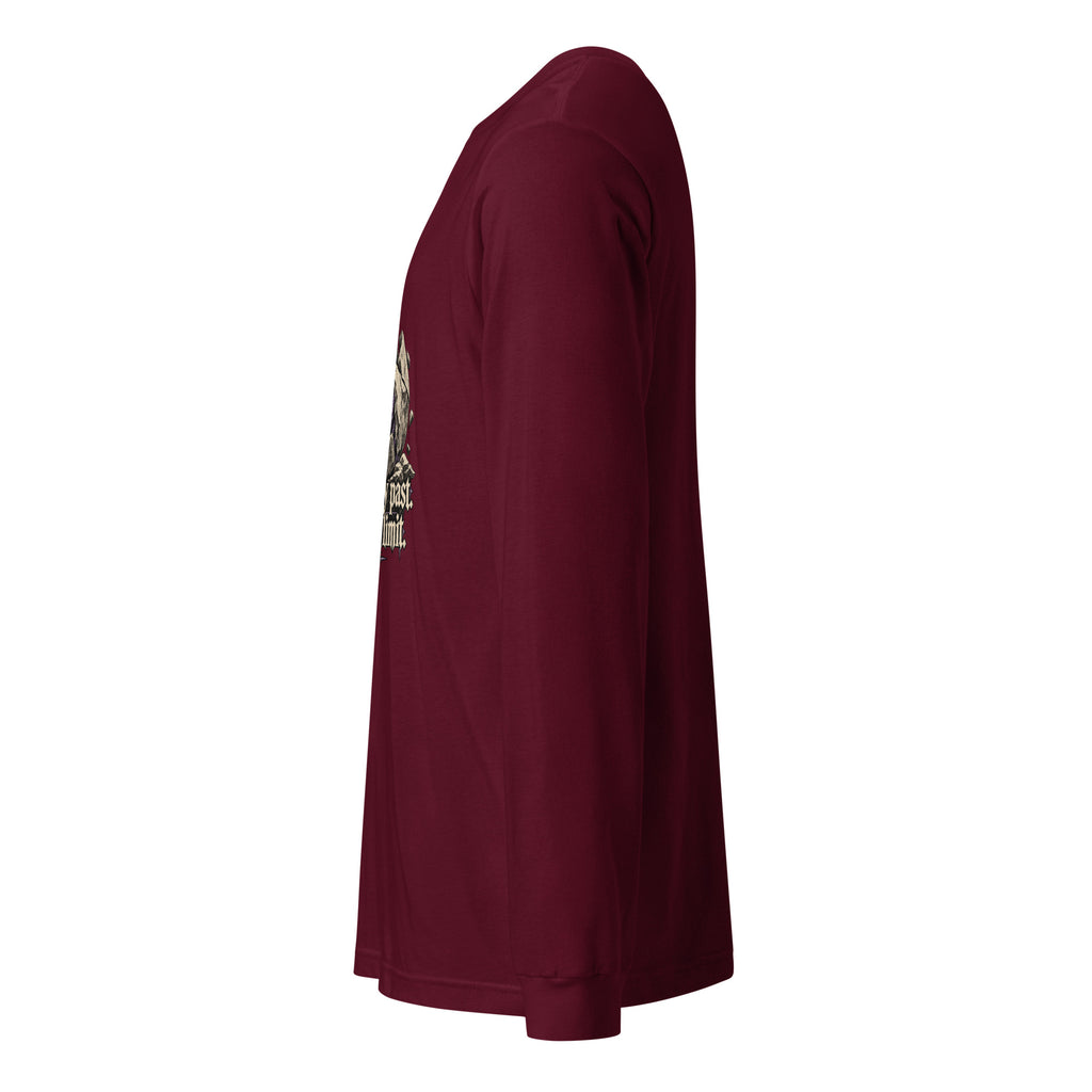 Maroon unisex long sleeve tee side profile showing partial front graphic