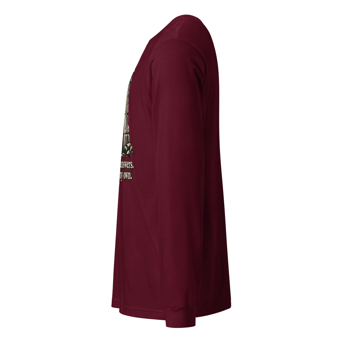 Maroon unisex long-sleeve tee shown from side, front graphic visible