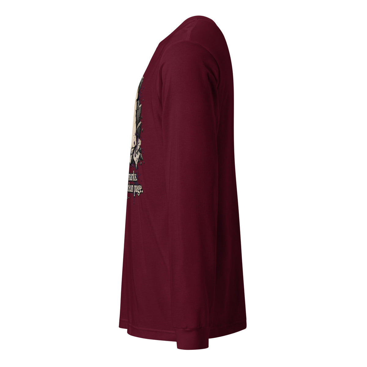 Unisex maroon long sleeve tee, side view with partial distressed square chest print
