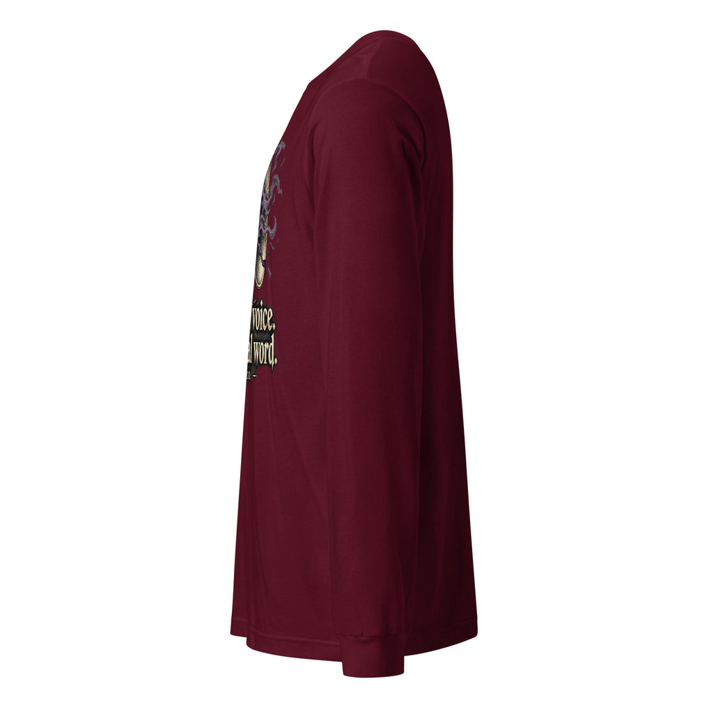 Maroon unisex long-sleeve crewneck tee, side view showing partial megaphone print