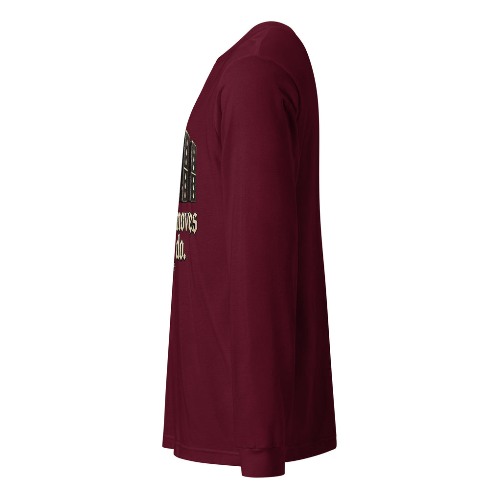 Maroon unisex long-sleeve tee, side view with partial graphic