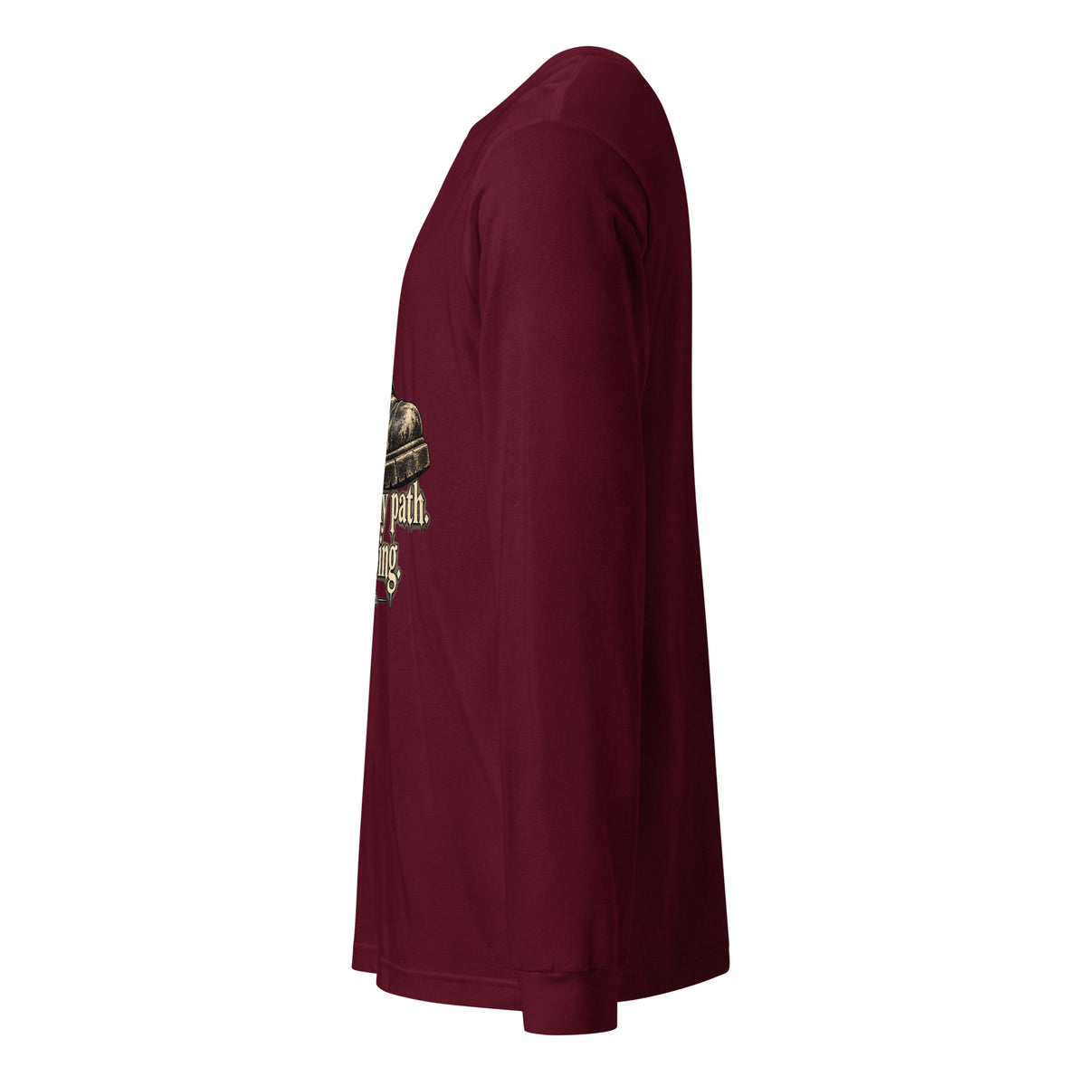 Unisex long sleeve tee in maroon, side view with visible part of front graphic