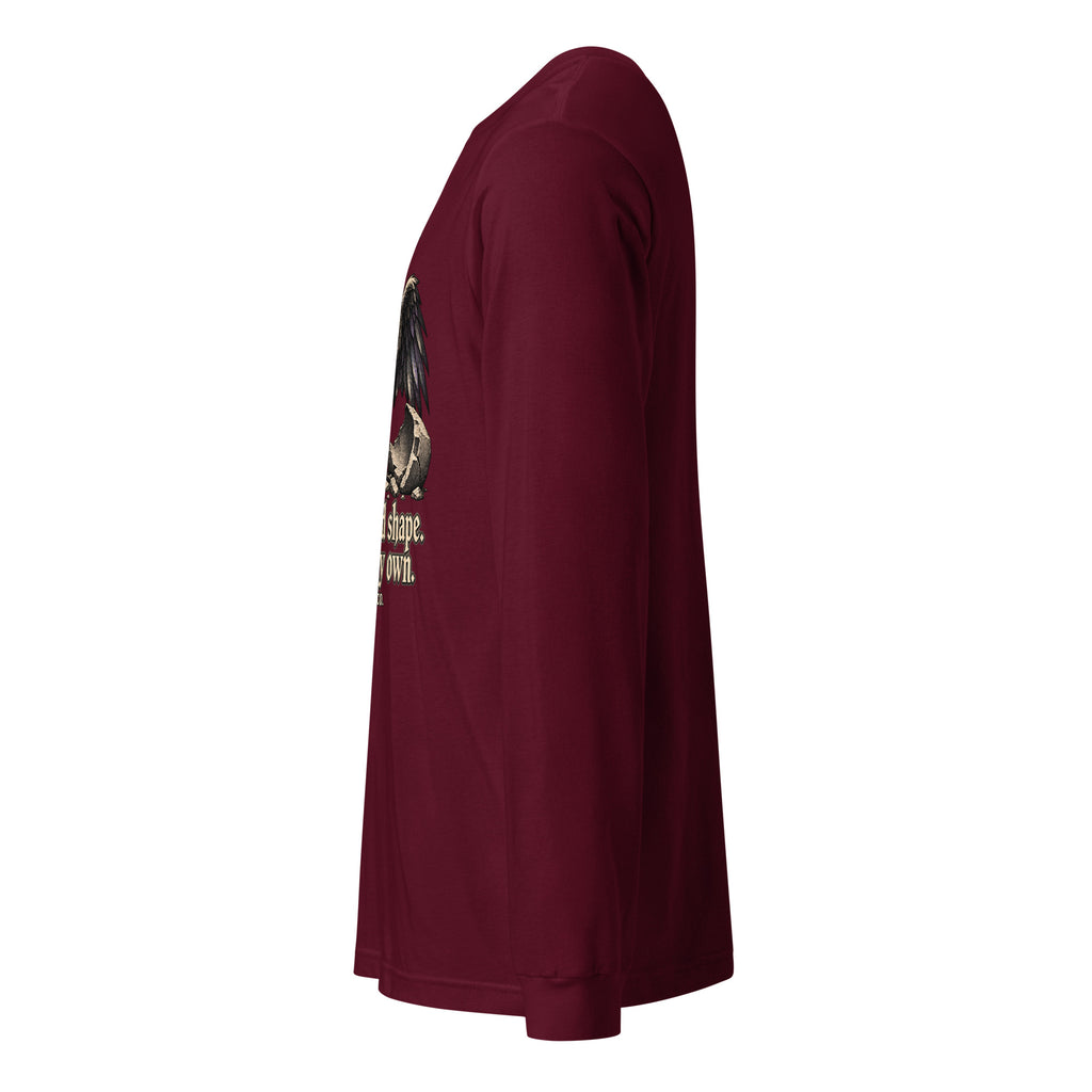 Maroon unisex long-sleeve tee, side view with partial eagle graphic.