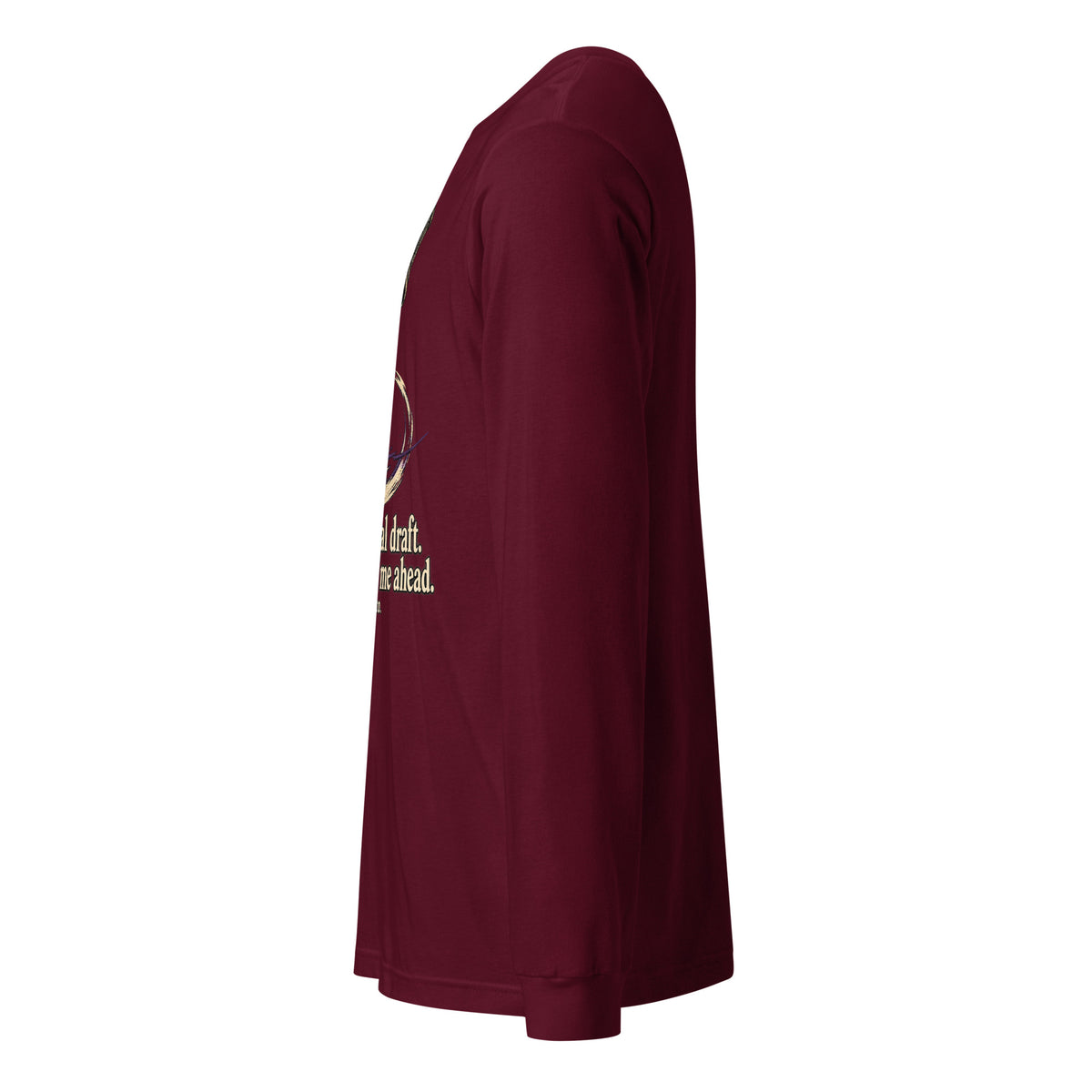 Maroon unisex long sleeve crewneck tee, side view with partial front graphic