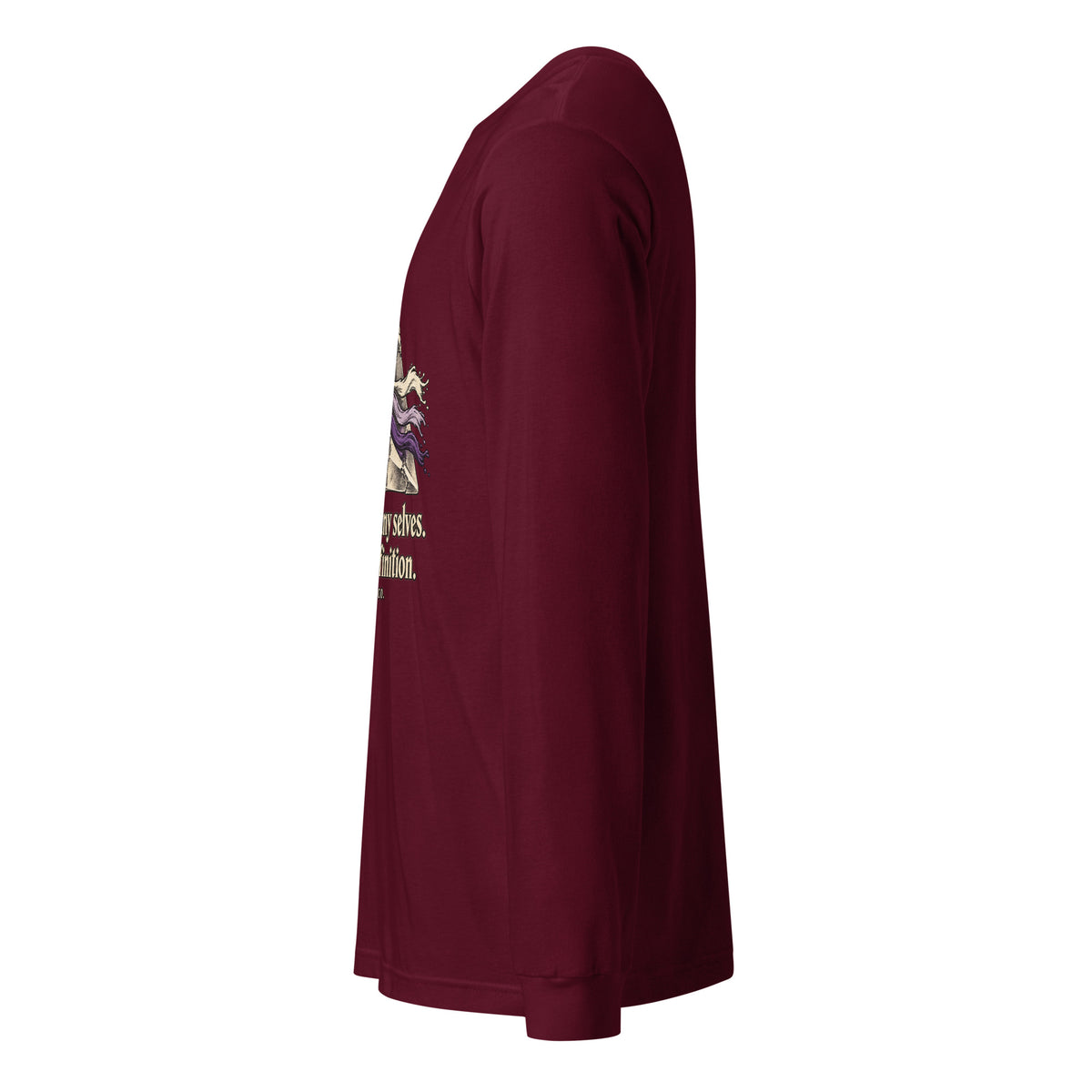 Maroon long-sleeve tee with graphic print on left chest, side profile