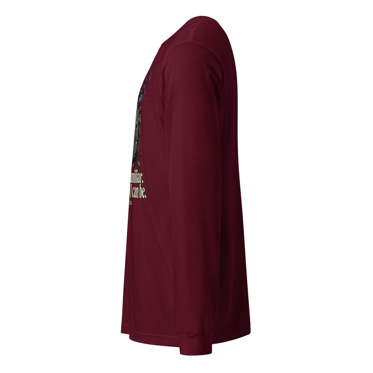 Unisex maroon long-sleeve tee with partial front graphic visible from the side