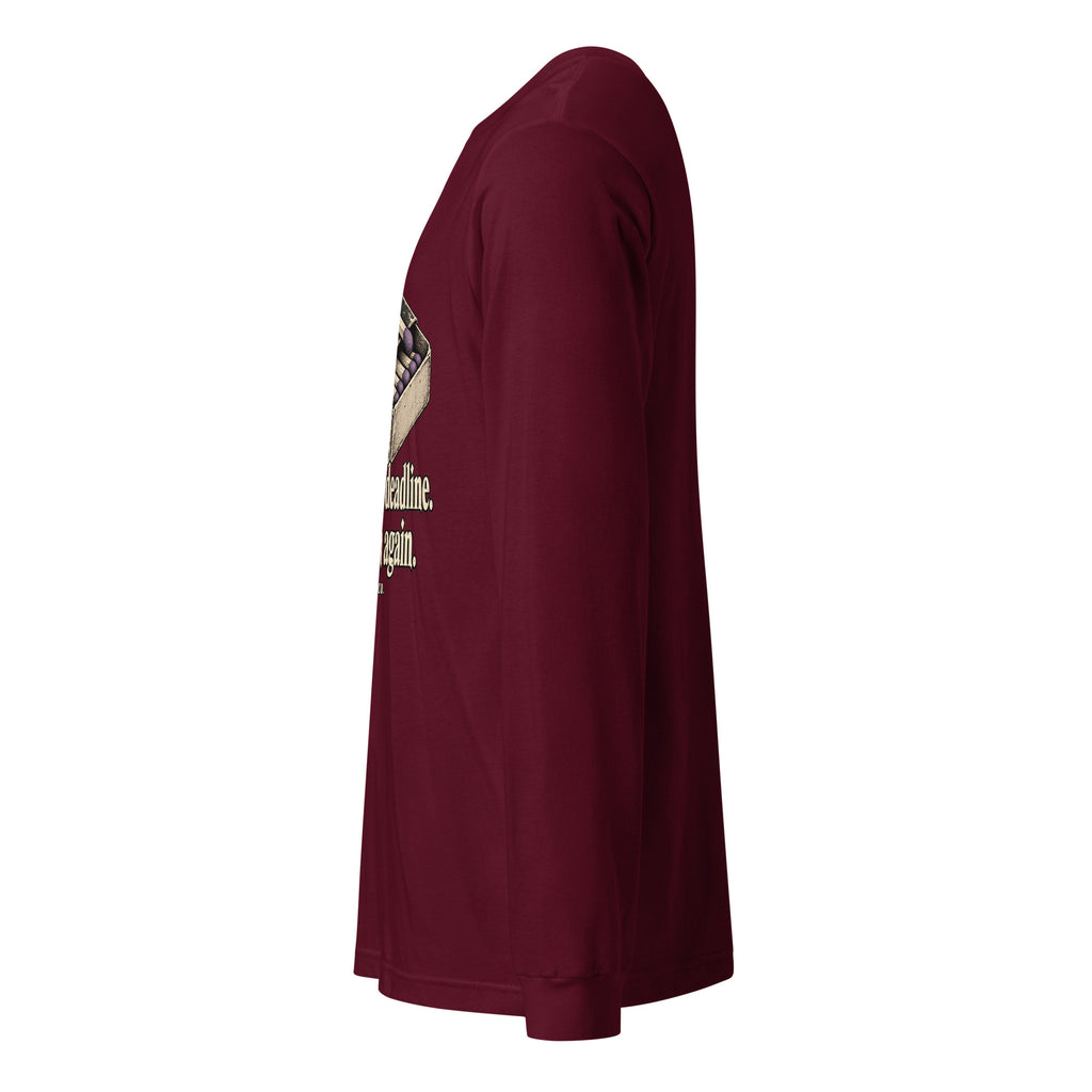 Unisex maroon long-sleeve crew tee with partial front graphic on side