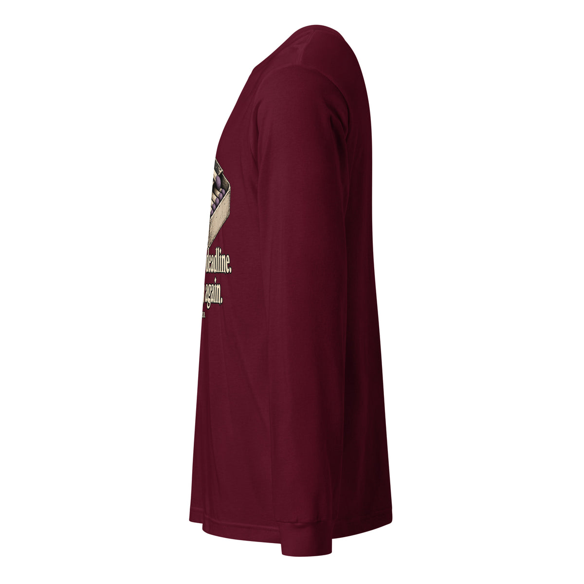 Unisex maroon long-sleeve crew tee with partial front graphic on side