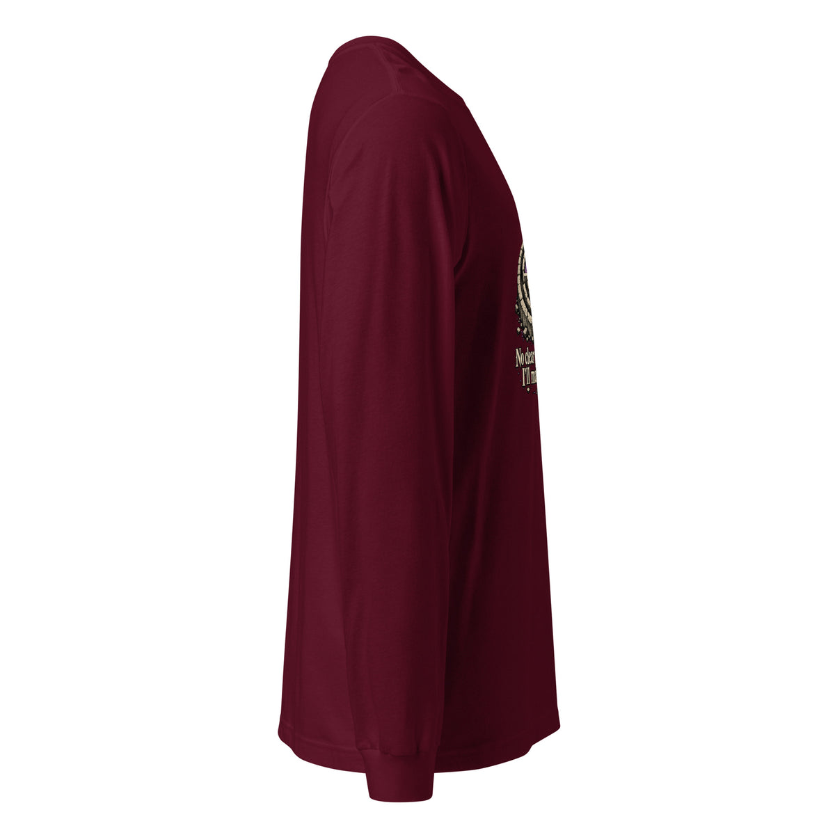 Unisex maroon long-sleeve tee, angled side view with graphic detail on sleeve