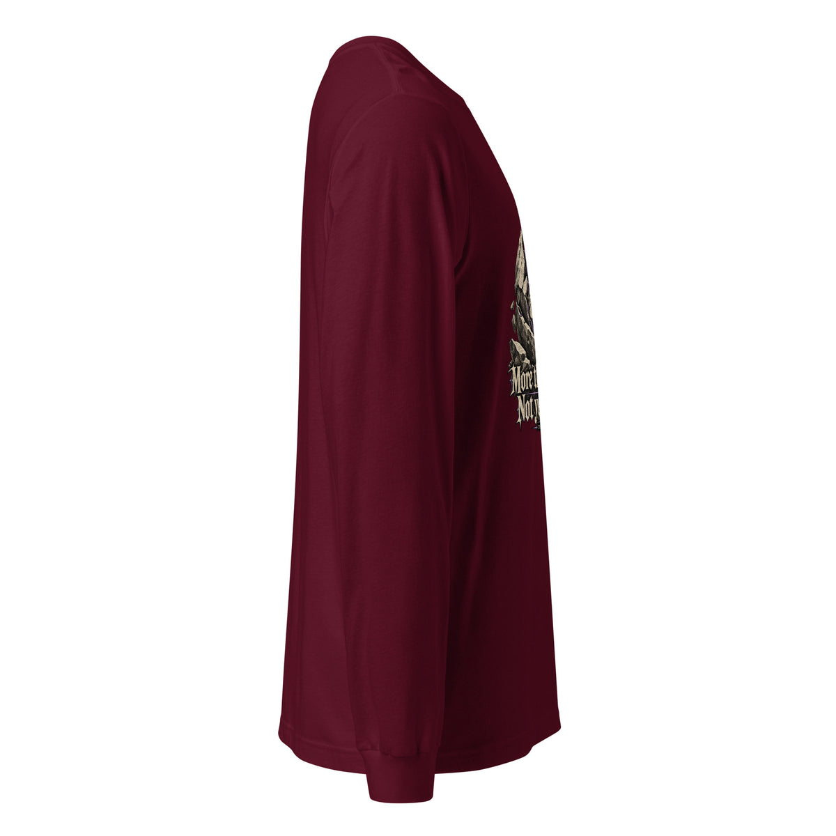 Maroon unisex long sleeve tee opposite side profile with partial front graphic