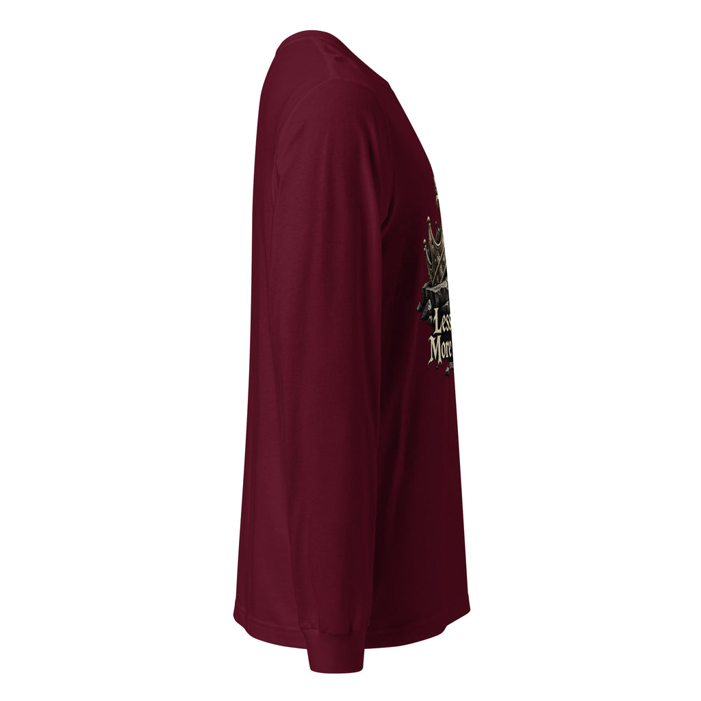 Unisex maroon long-sleeve graphic tee, angled side view showing sleeve and partial print