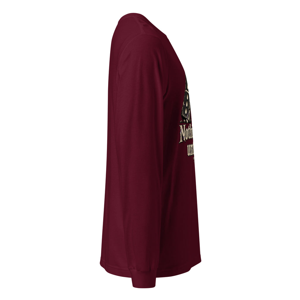 Maroon unisex long-sleeve tee, other side view