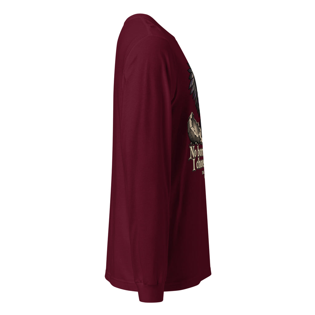 Maroon unisex long-sleeve tee, side view showing front graphic placement.