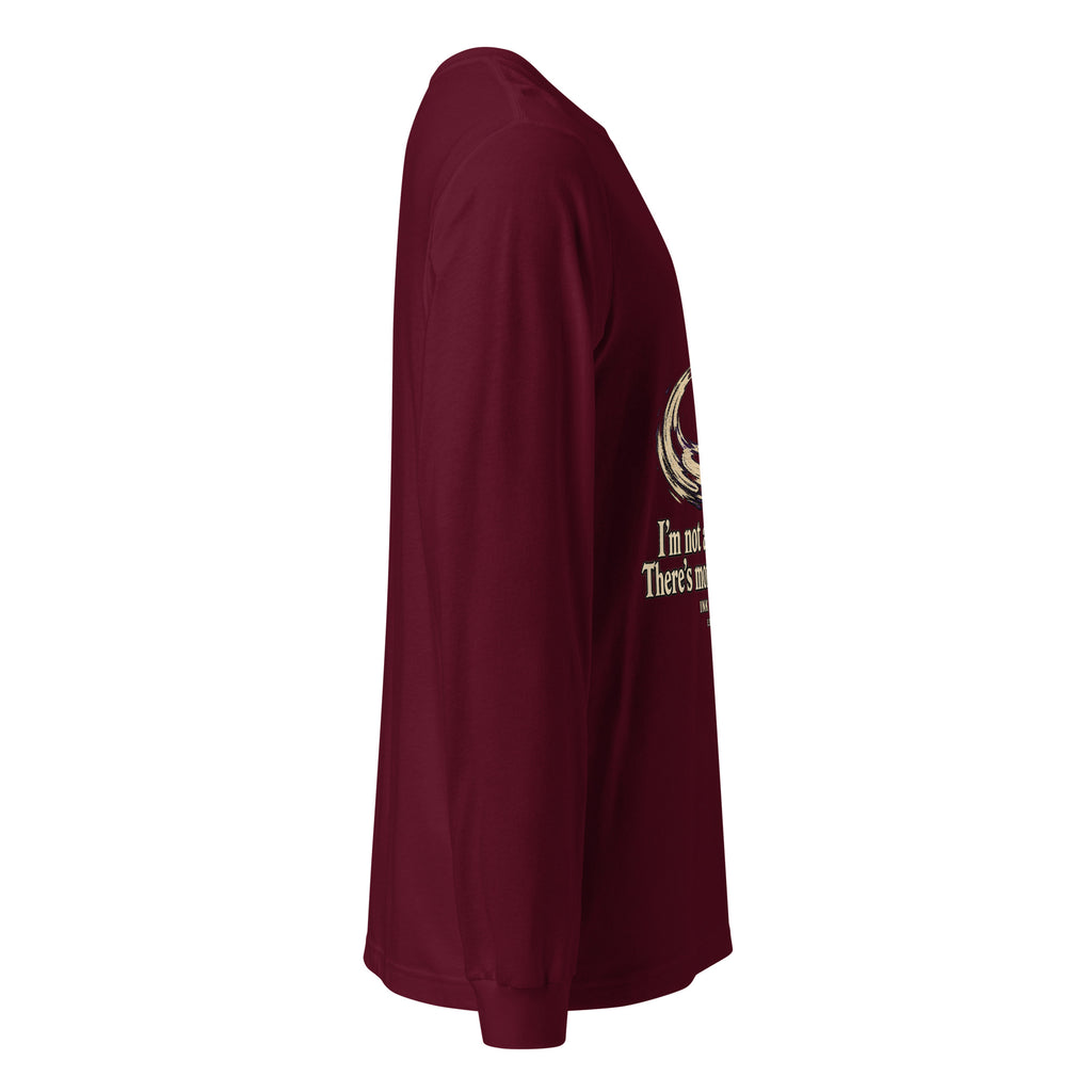 Maroon unisex long sleeve crewneck tee, side view with graphic near hem