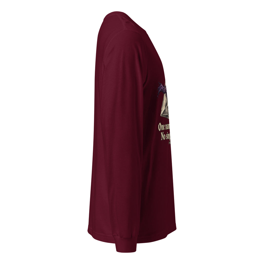 Maroon long-sleeve tee with partial graphic print on chest, side view