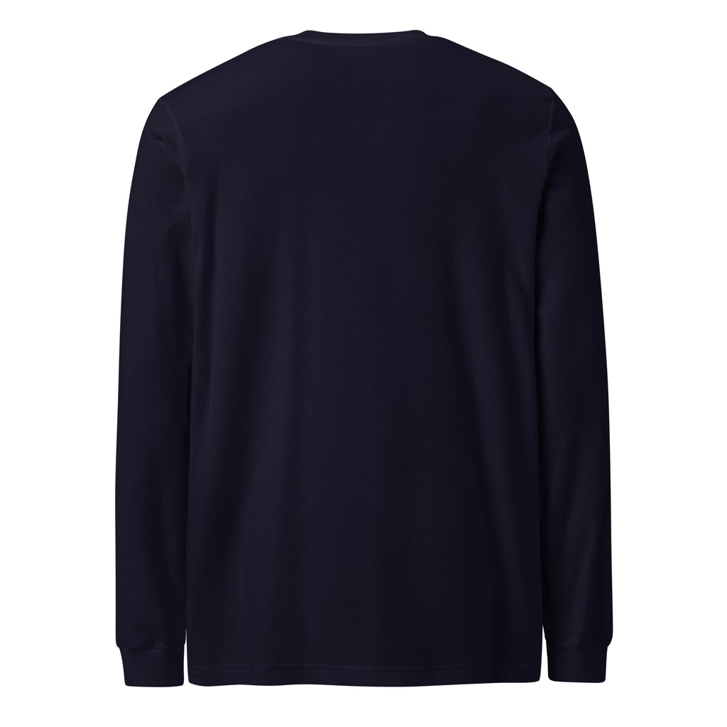 Unisex long-sleeve graphic tee in navy, crew neck, plain back view