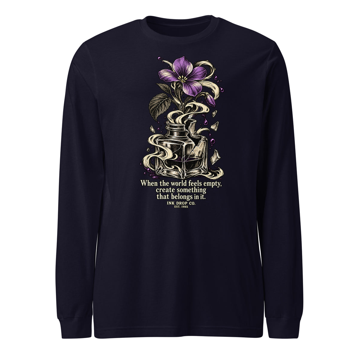 Women’s navy long-sleeve crewneck tee with floral graphic and small text on front