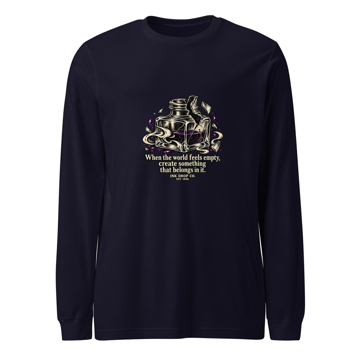 Unisex long-sleeve graphic tee in navy, crew neck, front robot graphic logo print