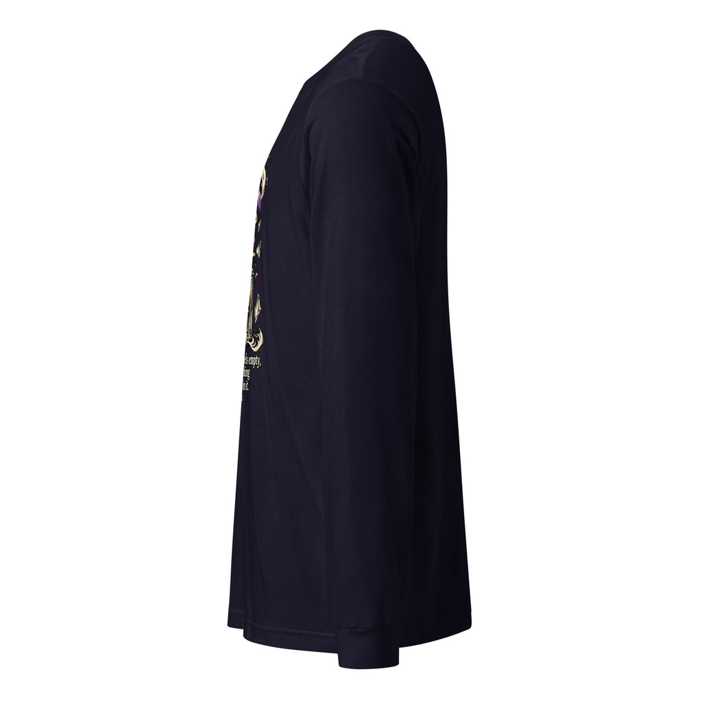 Women’s navy long-sleeve crewneck tee, side view showing front graphic edge
