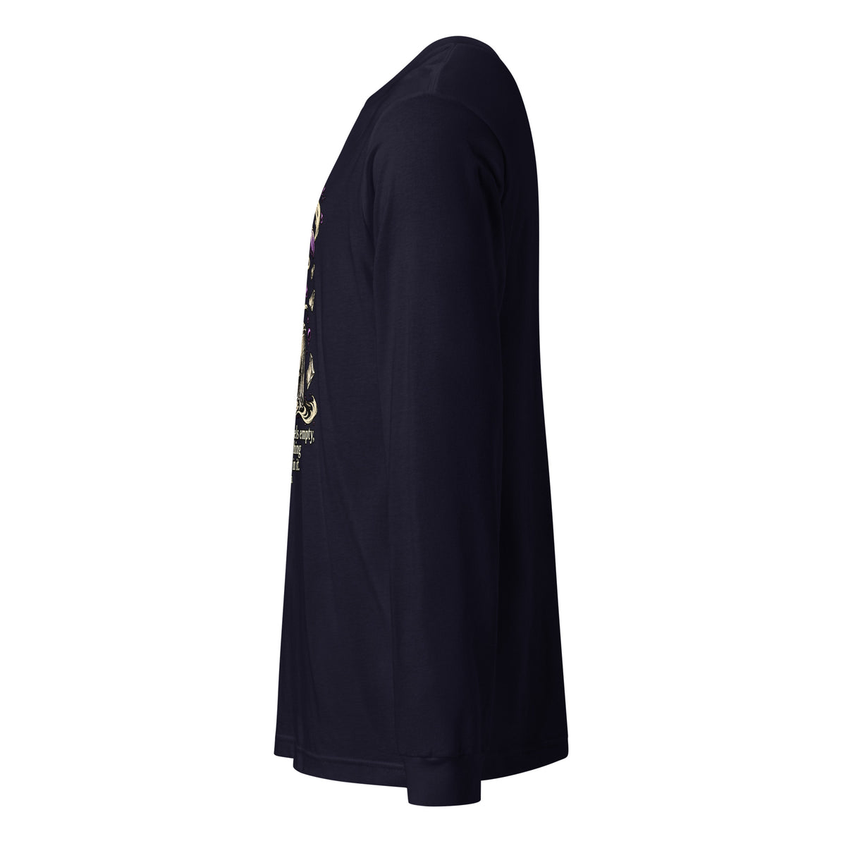 Women’s navy long-sleeve crewneck tee, side view showing front graphic edge