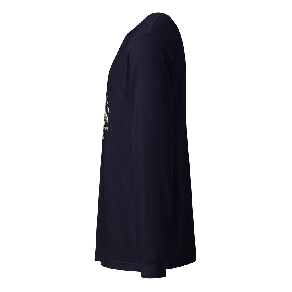 Unisex long-sleeve graphic tee in navy, side view with partial front graphic on sleeve