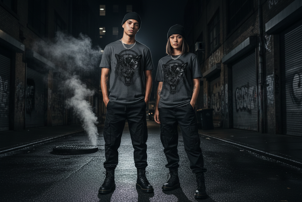 Pair of dark grey unisex T-shirts with black panther face ink splatter graphics