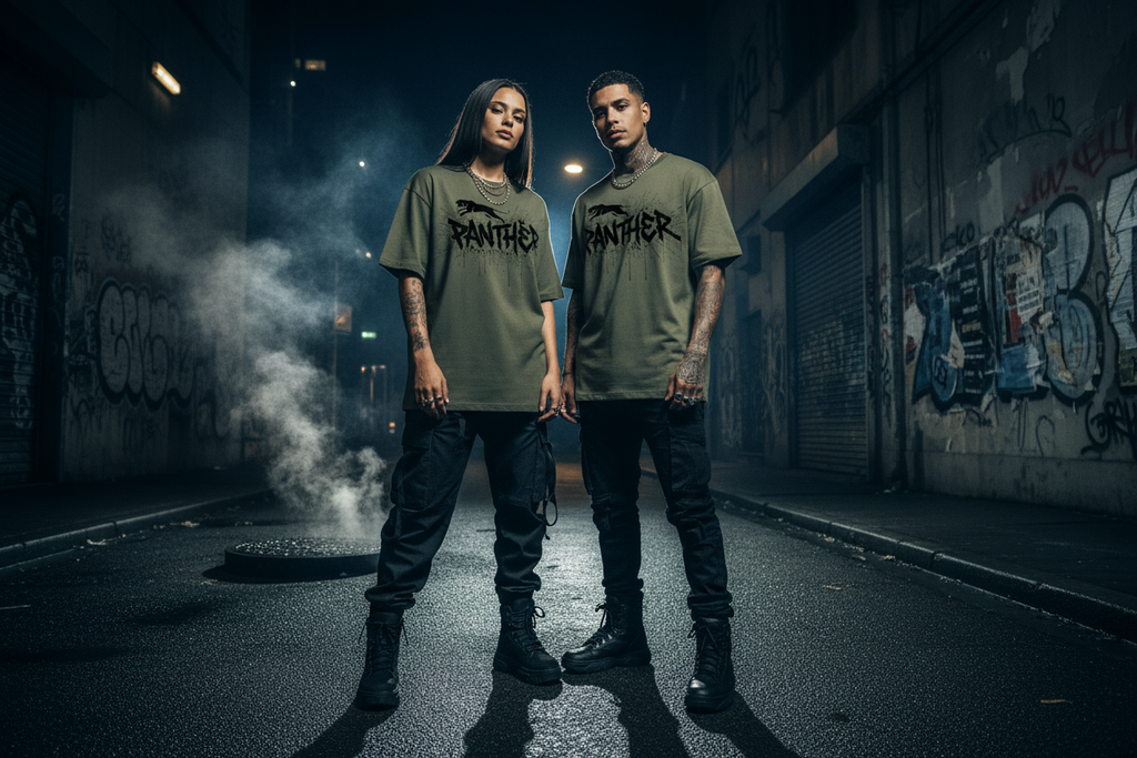 Unisex graffiti panther T-shirt on two people, front graphic, crew neck