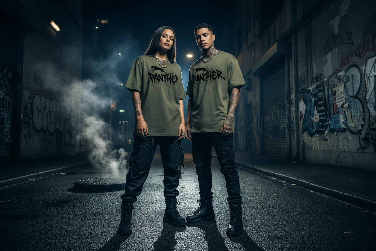 Unisex graffiti panther T-shirt on two people, front graphic, crew neck