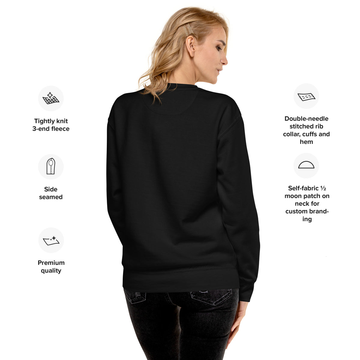 Unisex crewneck sweatshirt in black, back view on model