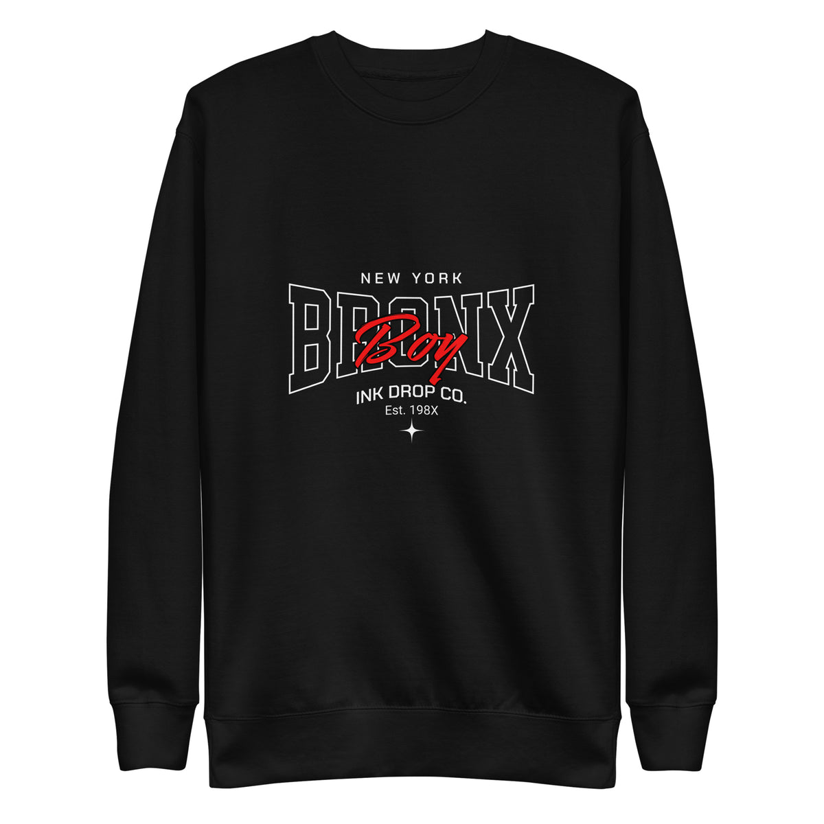 Black crewneck sweatshirt with front New York Bronx graphic